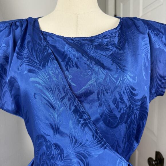 VTG 80s Printed Satin Cocktail Wrap Dress Size S Cobalt 90s Evening Party Peplum - Picture 5 of 16